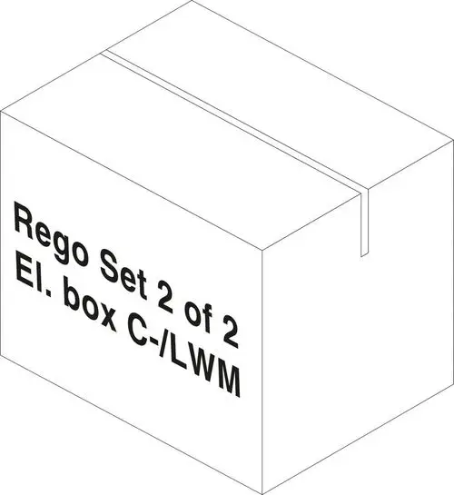 Weißer Karton mit schwarzer Aufschrift "Rego Set 2 of 2 El. box C-/LWM" von Bosch, neutral auf einem hellen Hintergrund dargestellt.
